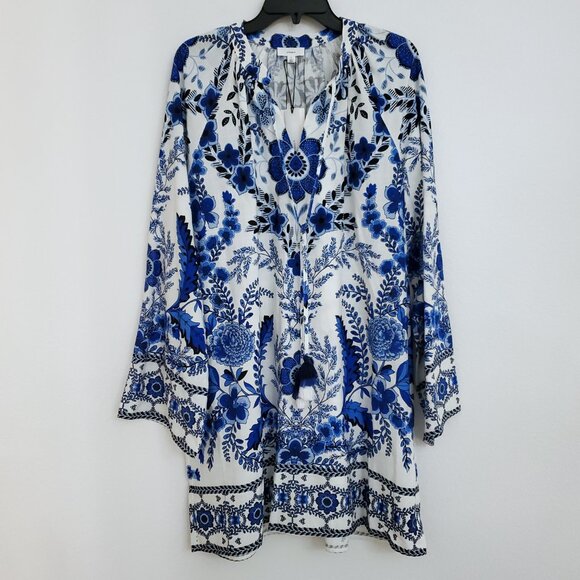 A Loves A Women's Floral Blu/White V-Neck Tassel Peasant Dress Size Large - Picture 2 of 15